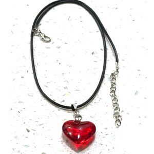 Red Heart Pendant Necklace Black Cord Choker Style Silver Tone Accent